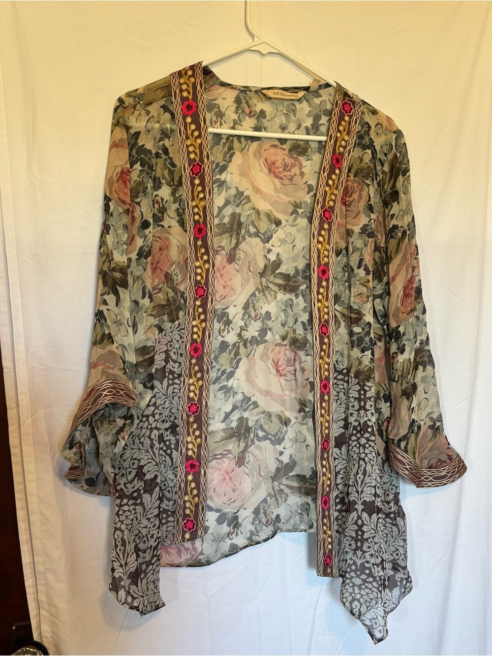 Soft Surroundings Sheer Floral Open-Front Kimono Boho Embroidered Trim